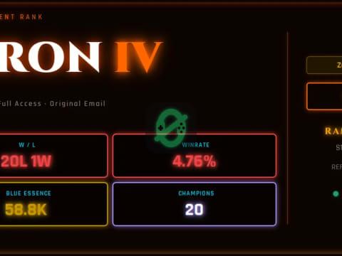 ❄️OCE❄️ IRON 4 0LP | S16 | 20L 1W | 58.8K BE | Low MMR | REF#OCE-402